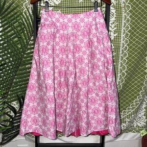 Vintage Pink Skull Damask Midi Skirt Gothic Pleated A-Line Cottagecore Goth